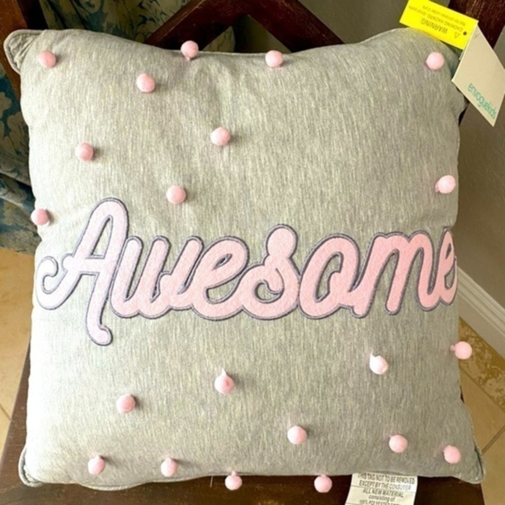 𝅺“AWESOME” Pink Pom Pom T-Shirt Knit Pillow